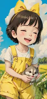 Cute anime girl with puppy in sunny yellow outfit on a field.