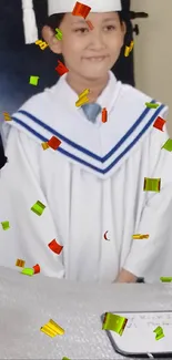 Graduation celebration with confetti and a smiling graduate in white attire.