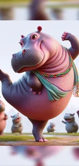 Animated hippo dancing with colorful beads.