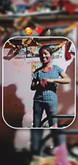 Joyful indoor celebration with decorations and smiling woman.