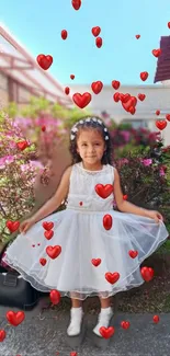 Girl in white dress with floating red hearts in a garden.