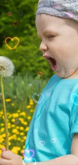 Child joyfully with dandelion and heart lights.