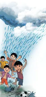 Illustration of children playing joyfully in the rain with a soccer ball under clouds.