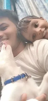 Joyful family moment with puppy and child smiling.