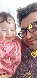 Father with baby smiling, colorful heart and star overlays.