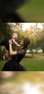 Mother and child sharing a joyful moment in a sunlit park.