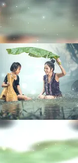 Happy children playing in a scenic outdoor setting with a leaf umbrella.