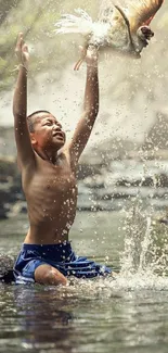 Joyful child playing in river under natural light.