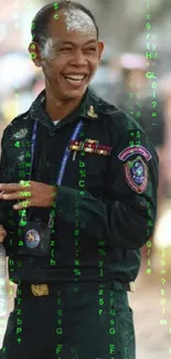 Officer smiling in festive celebration with traditional attire.