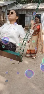 Women on a swing surrounded by bubbles outdoors.