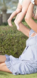 Parent and child playing outdoors in a green park.