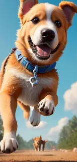 Joyful puppy running on a sunny forest trail with blue sky.