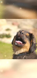 Adorable puppy with a joyful smile in a sunlit outdoor setting.