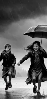 Children joyfully running in the rain with an umbrella against a stormy sky.