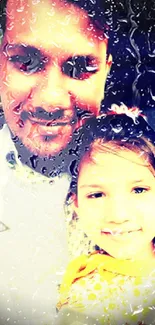 Father and daughter smiling with raindrop effect.