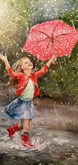 A joyful girl with a red umbrella in the rain, splashing water around.