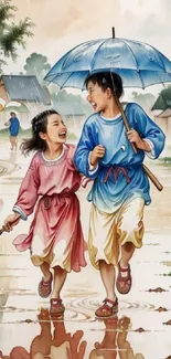 Two children run under a blue umbrella on a rainy village path.