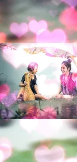 Two women laughing under an umbrella surrounded by pink bokeh hearts.