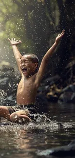 Child joyfully plays in the river, captured as a mobile wallpaper.