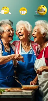 Elderly women enjoying cooking together with laughter and smiles.