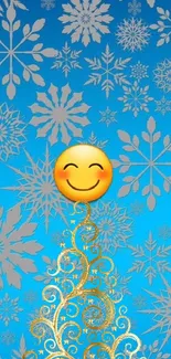 Blue wallpaper with snowflakes and a smiling emoji on golden swirls.