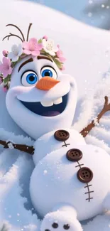 Joyful snowman with flowers in snow.