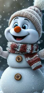 A joyful snowman with a scarf in a snowy landscape, smiling brightly.