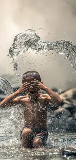 Child joyfully splashes in water, surrounded by nature.