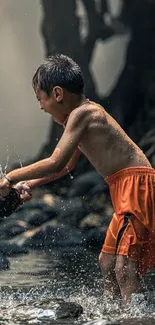 Child joyfully playing in a forest stream.