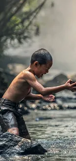 A child joyfully playing in a river amidst nature's greenery.