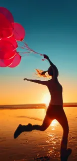 Silhouette with balloons during vibrant beach sunset.