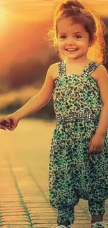 Smiling child in floral dress at sunset.