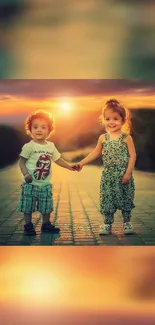 Two kids holding hands at sunset, smiling in a scenic outdoor pathway.