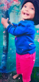 Toddler in blue and pink with a joyful smile against a vibrant background.