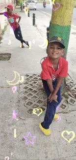 Child smiling on city sidewalk in vibrant colors.