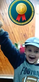 Child celebrating with a gold medal in hand.