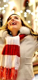 Joyful woman in winter attire under sparkling lights.