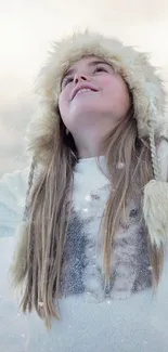 Joyful child in fur hat embracing winter snow.