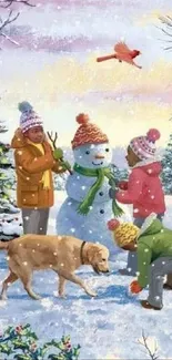 Children building snowman with dog in snowy park.