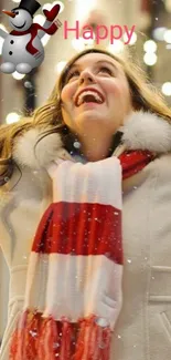 Woman in winter coat and scarf surrounded by falling snow.