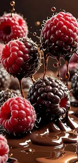 Raspberries and blackberries drenched in melted chocolate.