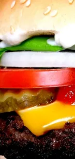 Close-up of a juicy burger with fresh vegetables and melted cheese.