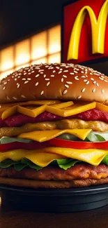 Layered burger in fast-food setting with cheese and vibrant colors.