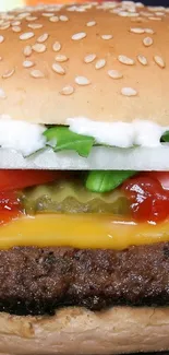 Juicy cheeseburger with fresh toppings and flame background.
