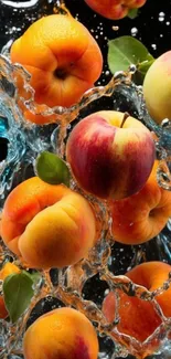Peaches splashing in water with vibrant colors