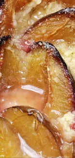 Close-up of a caramelized, juicy baked plum dessert.