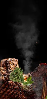 Grilled steak with herbs and smoke rising.