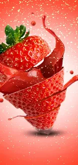 Vibrant wallpaper with a splash of strawberry on a red background.