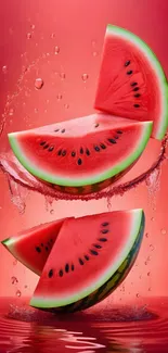 Juicy watermelon slices splash with vibrant colors on a lively phone background.