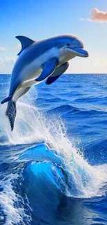 Vibrant dolphin leaping over the ocean waves with a clear blue sky.